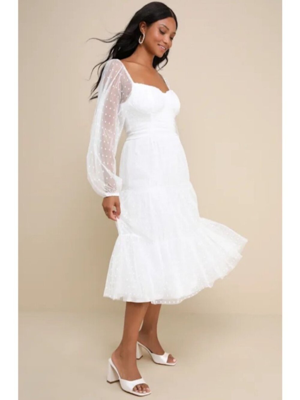 Romantic White Affectionate Aura White Swiss Dot Tiered Bustier Midi Dress Large
